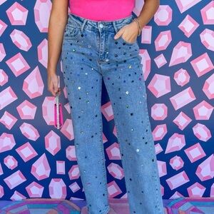 Kiwi Blue Embellished Flare Jeans